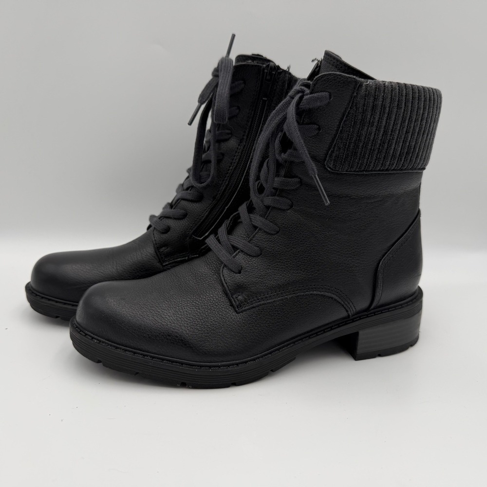 Clarks lace up combat‎ ankle boots black knit cuff side zip women's US 8.5
